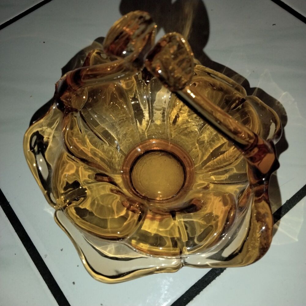Vintage 6.5" tall Vintage Amber Glass Flower Design Basket